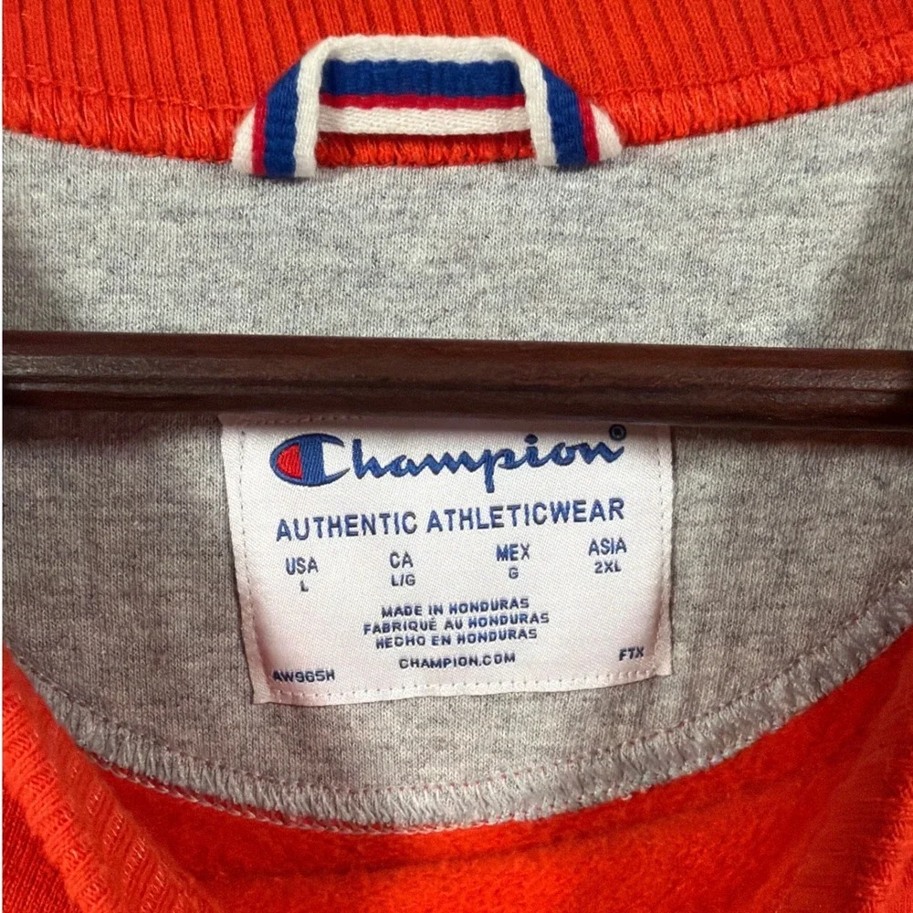 Champion Sweatshirt Mens Large‎ Orange Crewneck Fleece Sleeve Logo Pullover